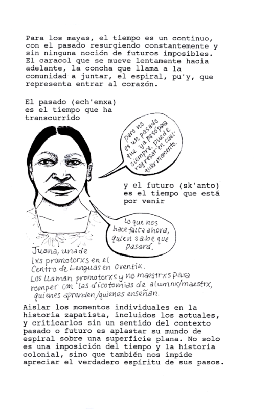 Para los mayas, el tiempo es un continuo, con el pasado resurgiendo constantemente y sin ninguna nocién de futuros imposibles. El caracol que se mueve lentamente hacia adelante, la concha que llama a la comunidad a juntar, el espiral, pu’y, que representa entrar al corazén.  El pasado (ech’enmxa) es el tiempo que ha transcurrido  y el futuro (sk’anto) es el tiempo que esta por venir  1 que nos hace faita ahord, quien salbe que Ppasars’.  Jusna, unade Ixs promotorxs en el - Contro de Lenguas en Oventik 105 Llaiman promatorks y M0 Maestrxs para  romper (on (as d icotomias 2 alumnx/maestr,  quienes aprondien fguienes enseiian Aislar los momentos individuales en la historia zapatista, incluidos los actuales, y criticarlos sin un sentido del contexto pasado o futuro es aplastar su mundo de espiral sobre una superficie plana. No solo es una imposicién del tiempo y la historia colonial, sino gue también nos impide apreciar el verdadero espiritu de sus pasos. 